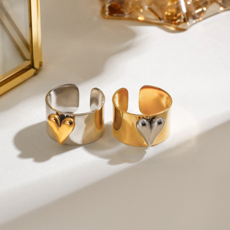 1 paire de bagues ajustables pour femme, collection romantique en forme de cœur, en acier inoxydable imperméable, coloris or et argent. 2