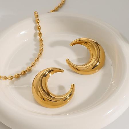 Boucles D'Oreilles Puces Minimalistes En Forme De Lune, En Acier Inoxydable, Couleur Or, Imperméables, Pour Femme (1 Paire).