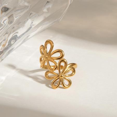 Bague ajustable pour femme, collection romantique, élégante, double fleur, en acier inoxydable étanche couleur or.