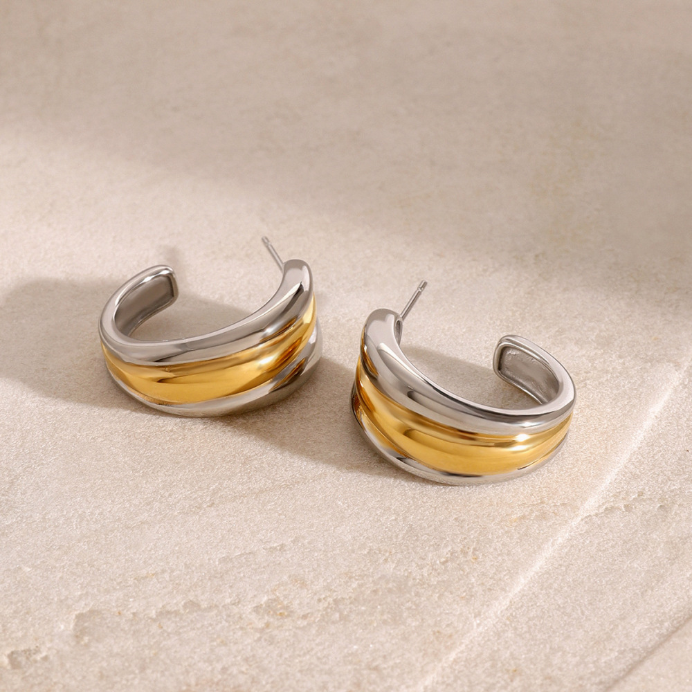1 Paire De Boucles D'Oreilles Puces Pour Femme, Style Géométrique Simple, En Acier Inoxydable Plaqué Or. Image3