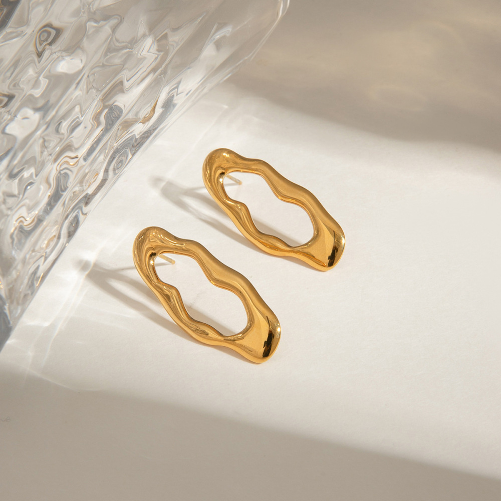 1 Paire De Boucles D'Oreilles À Tige Ovales En Acier Inoxydable Doré Pour Femme, De La Série Classic h5Image5