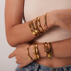 Bracelet Ouvert Pour Femme, Style Rétro, Simple, Géométrique, En Acier Inoxydable, Plaqué Or , Incrustation De Zircons h5 Image3