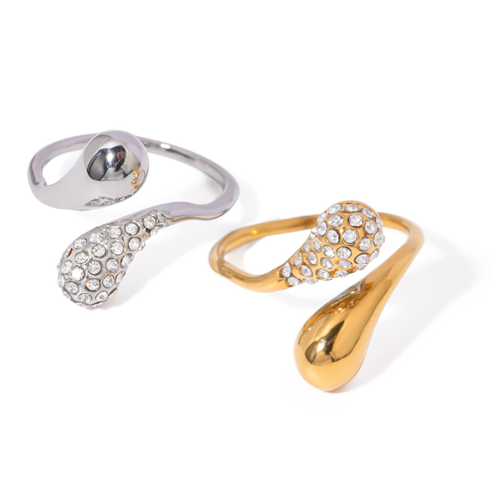 Bague Ajustable Pour Femme, Style Simple, En Forme De Goutte, En Acier Inoxydable Étanche Avec Incrustations Dorées Et Strass. h5Image7