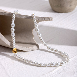 Collier De Perles Rétro En Acier Inoxydable Plaqué Or , Série Classique, Perles Artificielles Pour Femmes h5 Image2