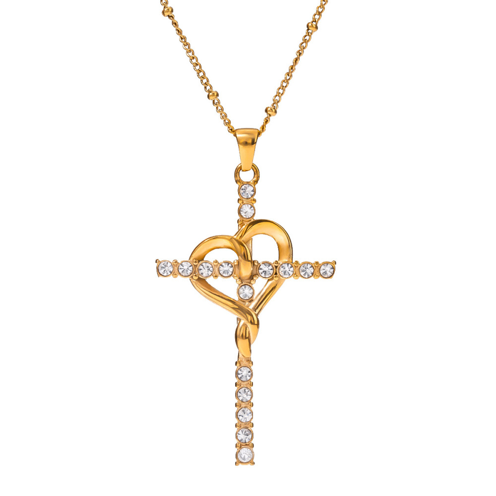 Collier Avec Pendentif Croix Rétro En Acier Inoxydable Plaqué Or  Et Strass Pour Femme, Série Simple, 1 Pièce Image4