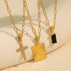 Collier Avec Pendentif Croix Simple En Acier Inoxydable Plaqué Or Et Zircon Pour Femme, 1 Pièce h5 Image3