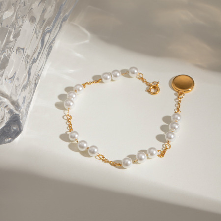 bracelet de perles artificielles pour femme, série simple, perles douces, en acier inoxydable plaqué or 
