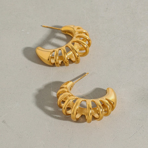 Boucles D'Oreilles Puces Pour Femme, En Acier Inoxydable Doré, Ajourées, Forme Croissant, Collection Simple Series, Étanches. h5 Image4