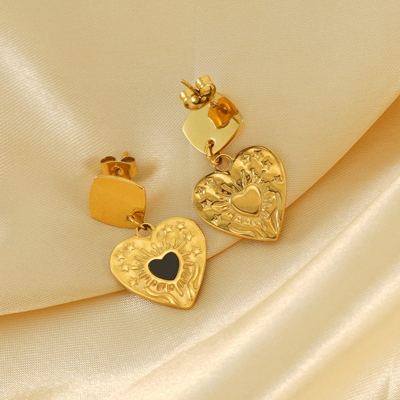1 Paire De Boucles D'Oreilles En Acier Inoxydable, Simples, Géométriques, En Forme De Goutte D'Huile, En Forme De Cœur, En Titane Plaqué Or , À Motif Martelé, Polyvalentes, Pendantes Pour Femmes Image5