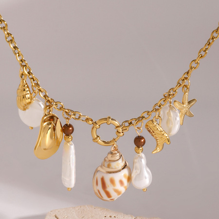 collier avec pendentif tortue de vacances en acier inoxydable plaqué or  et perles artificielles pour femme, série simple, 1 pièce