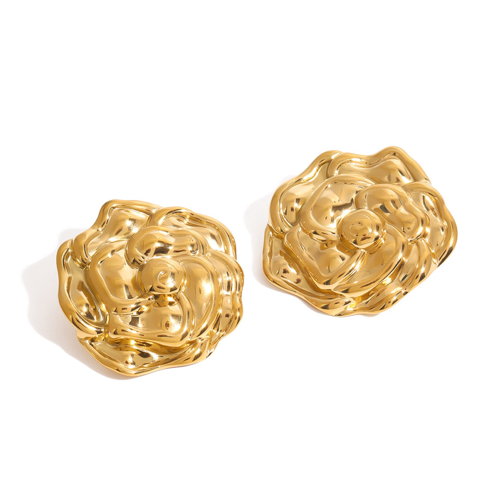 Boucles D'Oreilles Puces Pour Femme, Collection Romantique, Motif Fleurs Magnifiques, En Acier Inoxydable Étanche, Couleur Or (1 Paire). h5Image7