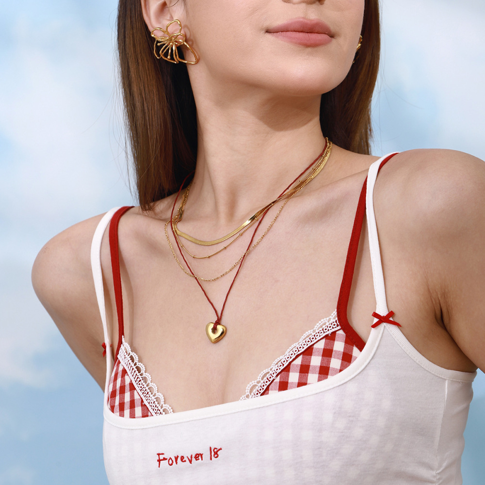 Collier À Plusieurs Rangs Pour Femme, Style Classique Romantique, En Acier Inoxydable, Couleur Or, Forme De Cœur. Image9