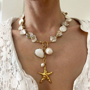 Collier De S Internet Européennes Et Américaines Ins, Nouveau Collier De Mode En Acier Inoxydable Or , Chaîne Entière, Collier Pendentif En Perles D'Étoile De Mer h5 Image5