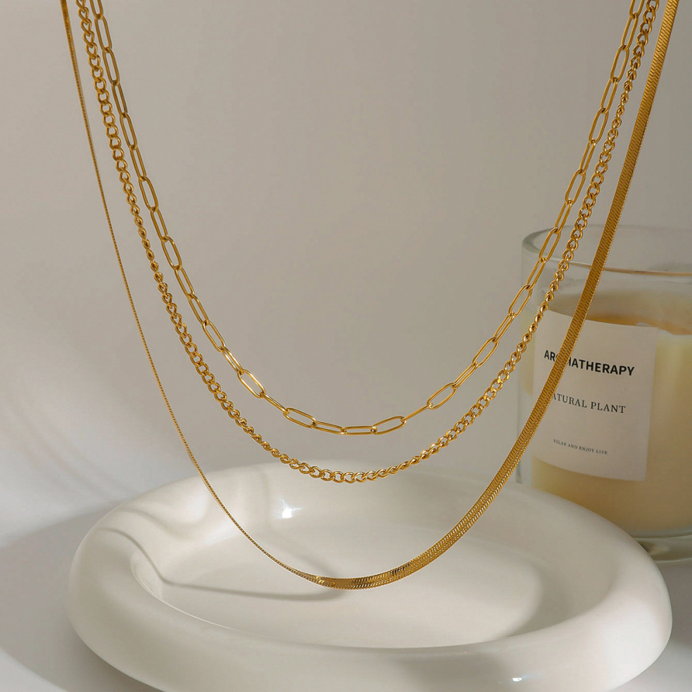 Collier À Plusieurs Rangs Chic Et Élégant Pour Femme, Collection Daily Line, En Acier Inoxydable Doré, Étanche, 1 Pièce Image5