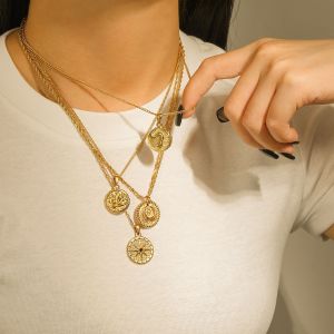 Collier Avec Pendentif En Forme De Cœur, Carré Et Ovale, Style Rétro Simple, En Acier Inoxydable Plaqué Or , Pour Femme h5 Image5