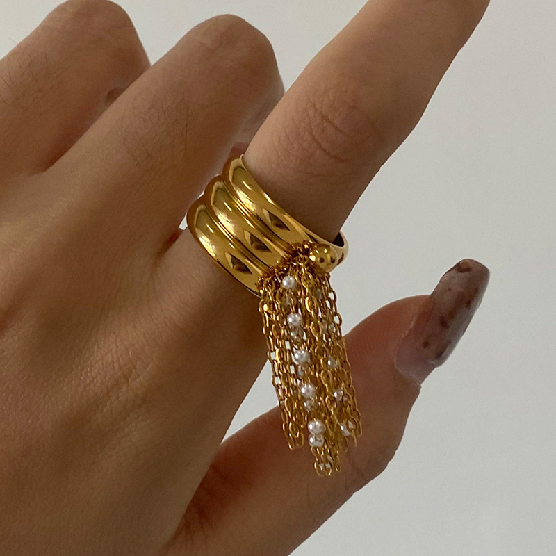 Bague Simple Pour Femme, En Acier Inoxydable Doré, Avec Pompon Décoratif (1 Pièce), Collection Classique. Image7