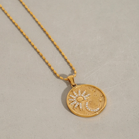 Collier pendentif femme élégant en acier inoxydable doré, motif soleil et lune, collection romantique (1 pièce)