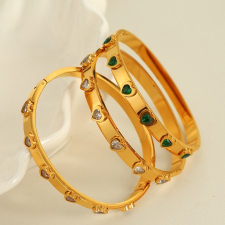 bracelet simple en acier inoxydable plaqué or avec zircons pour femme, 1 pièce