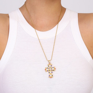 Collier Pendentif Femme En Acier Inoxydable Doré, Couleur Or, Forme Croix, Couleurs Exquises, Collection De Luxe (1 Pièce) h5 Image4