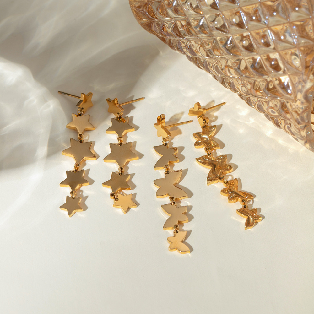 Boucles D'Oreilles Papillon À Pompon, Style Transfrontalier, En Acier Inoxydable Doré Lisse, Avec Un Cordon Continu. Accessoires Pour Femmes. h5Image3