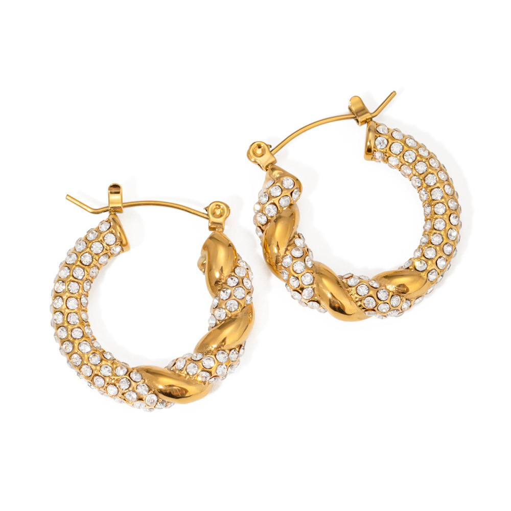 1 Paire De Boucles D'Oreilles Créoles Torsadées Classiques En Acier Inoxydable Plaqué Or Avec Strass Pour Femme h5Image4