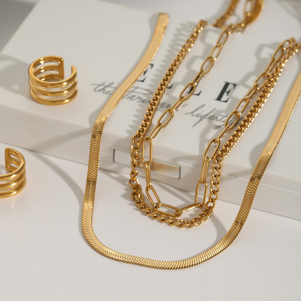 Collier À Plusieurs Rangs Chic Et Élégant Pour Femme, Collection Daily Line, En Acier Inoxydable Doré, Étanche, 1 Pièce Image4