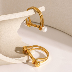 1 Paire De Bagues Simples Géométriques En Acier Inoxydable Plaqué Or Avec Perles Artificielles Pour Femme h5 Image2