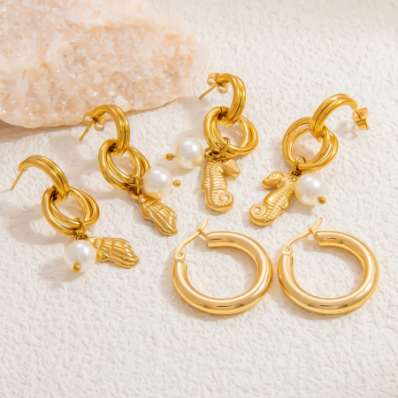 Boucles d'oreilles pendantes pour femme, en acier inoxydable doré, imperméables, en forme d'hippocampe, collection de luxe (1 paire).