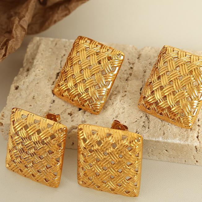1 Paire De Boucles D'Oreilles À Tige Géométriques Rétro En Acier Titane Couleur Or Pour Femme, Série Luxueuse Image6