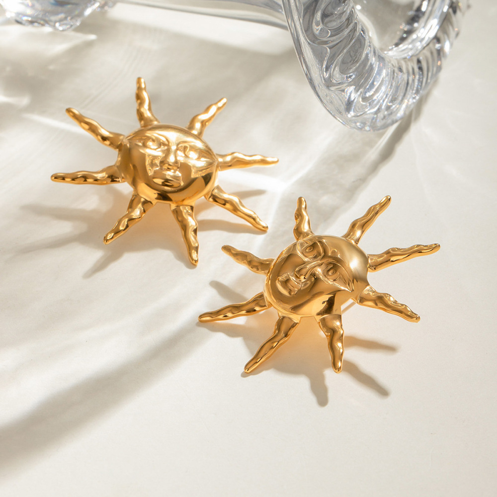 1 Paire De Boucles D'Oreilles À Tige Rétro Soleil/Lune En Acier Inoxydable Plaqué Or Pour Femme h5Image3