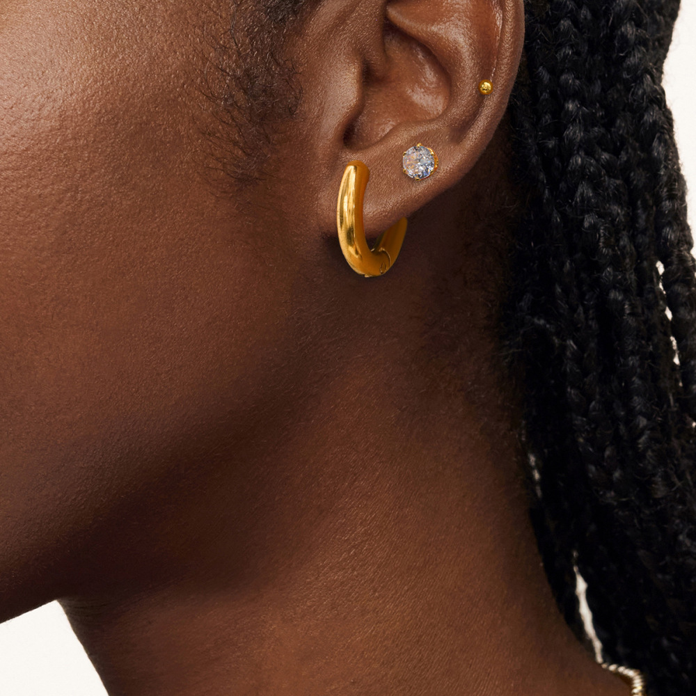 Ensemble De Boucles D'Oreilles Pour Femme, Style Géométrique Simple, En Acier Inoxydable, Étanche, Couleur Or, Avec Zircon. Image4