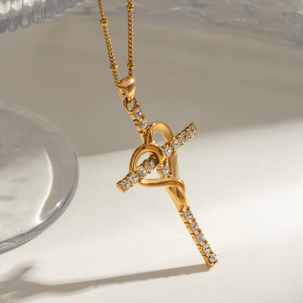 Collier Avec Pendentif Croix Rétro En Acier Inoxydable Plaqué Or  Et Strass Pour Femme, Série Simple, 1 Pièce Image3