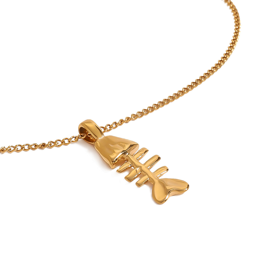 Collier Pendentif Femme Classique En Acier Inoxydable, Couleur Or, Motif Arête De Poisson Humoristique (1 Pièce) Image8