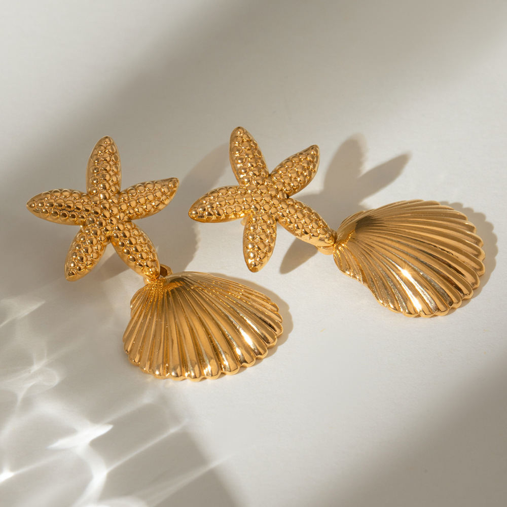 1 Paire De Boucles D'Oreilles Pendantes Pour Femme En Acier Inoxydable Plaqué Or , Motif Tortue De Vacances, Série Simple Image2