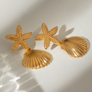 1 Paire De Boucles D'Oreilles Pendantes Pour Femme En Acier Inoxydable Plaqué Or , Motif Tortue De Vacances, Série Simple h5 Image2