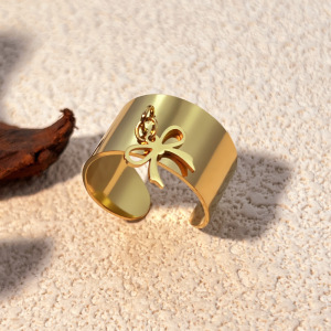 Bague Ajustable Pour Femme, Modèle Nœud Papillon, En Acier Inoxydable Étanche Couleur Or (1 Pièce). h5 Image4