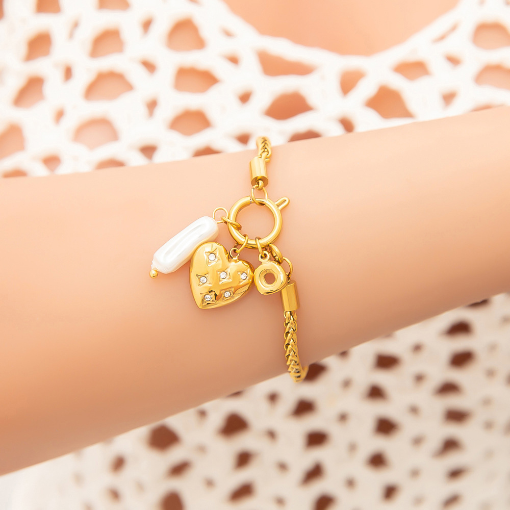 Bracelet À Breloques Élégant En Acier Inoxydable Plaqué Or  Avec Perles Artificielles Pour Femme, Série Romantique, 1 Pièce Image5