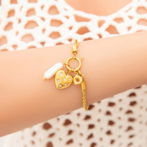 Bracelet À Breloques Élégant En Acier Inoxydable Plaqué Or  Avec Perles Artificielles Pour Femme, Série Romantique, 1 Pièce h5 Image5