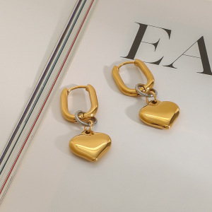 1 Paire De Boucles D'Oreilles Pendantes Pour Femme, Style Classique Cœur, En Acier Inoxydable Étanche, Coloris Or Et Argent. Collection Moderne. h5 Image3