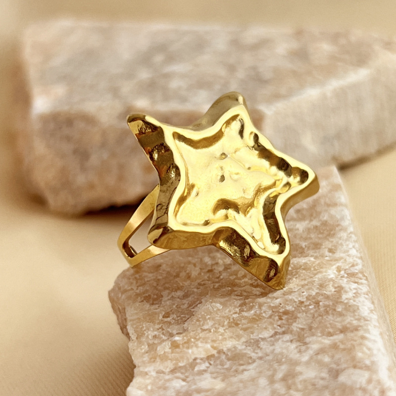 Bague Ajustable Rétro Étoile Pour Femme, En Acier Inoxydable Étanche Couleur Or (1 Pièce). Image4