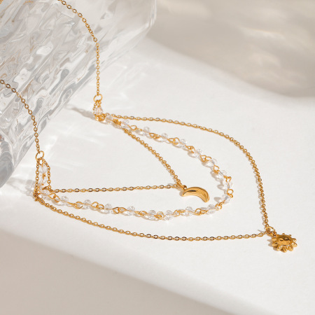 Collier à plusieurs rangs pour femme, collection luxe « Soleil et Lune », en acier inoxydable étanche couleur or (1 pièce)