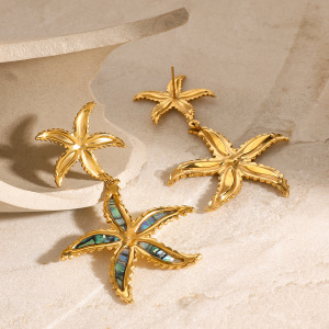 1 Paire De Boucles D'Oreilles Pendantes Pour Femme, Série Classique, Étoile De Mer , En Acier Inoxydable Plaqué Or  h5 Image3