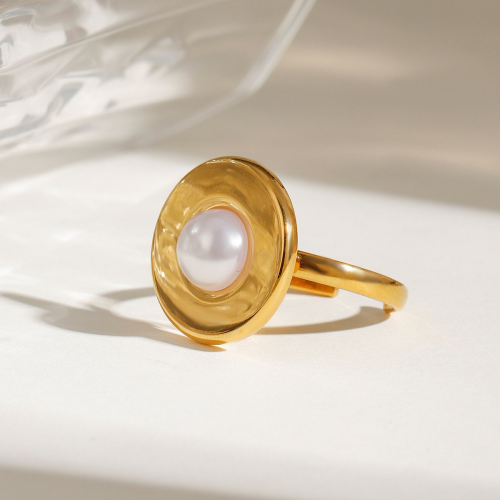 1 Paire De Bagues Ajustables Pour Femmes, Série Simple, En Acier Inoxydable Plaqué Or , Avec Perles Artificielles h5Image3