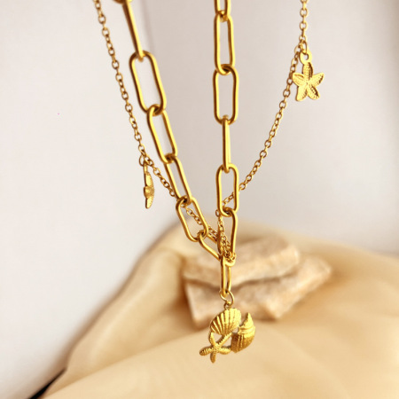 Collier à plusieurs rangs pour femme, collection Vacances, double couche, en acier inoxydable imperméable, couleur or, motif coquillage exquis