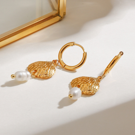 Boucles d'oreilles pendantes pour femme, motif tortue, en acier inoxydable, couleur or, imperméables, avec perles artificielles (1 paire). Collection Simple. 2