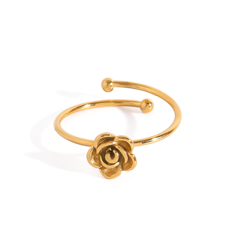 Bague Ajustable Pour Femme, Collection Romantique, Motif Floral Délicat, En Acier Inoxydable Étanche Couleur Or. Image9