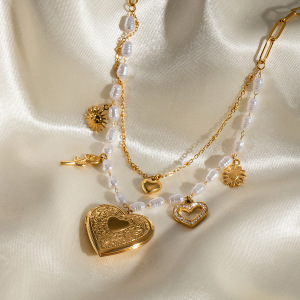 Collier Pendentif Classique En Forme De Cœur Et De Fleur, En Acier Inoxydable Étanche, Couleur Or, Pour Femme (1 Pièce) h5 Image4