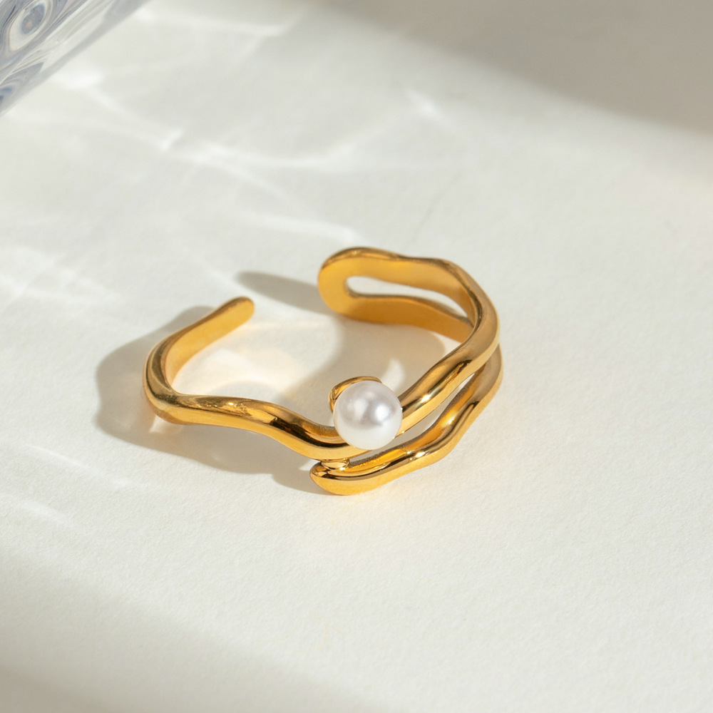 1 Paire De Bagues Ajustables Géométriques Simples En Acier Inoxydable Plaqué Or  Avec Perles Artificielles Pour Femmes Image4