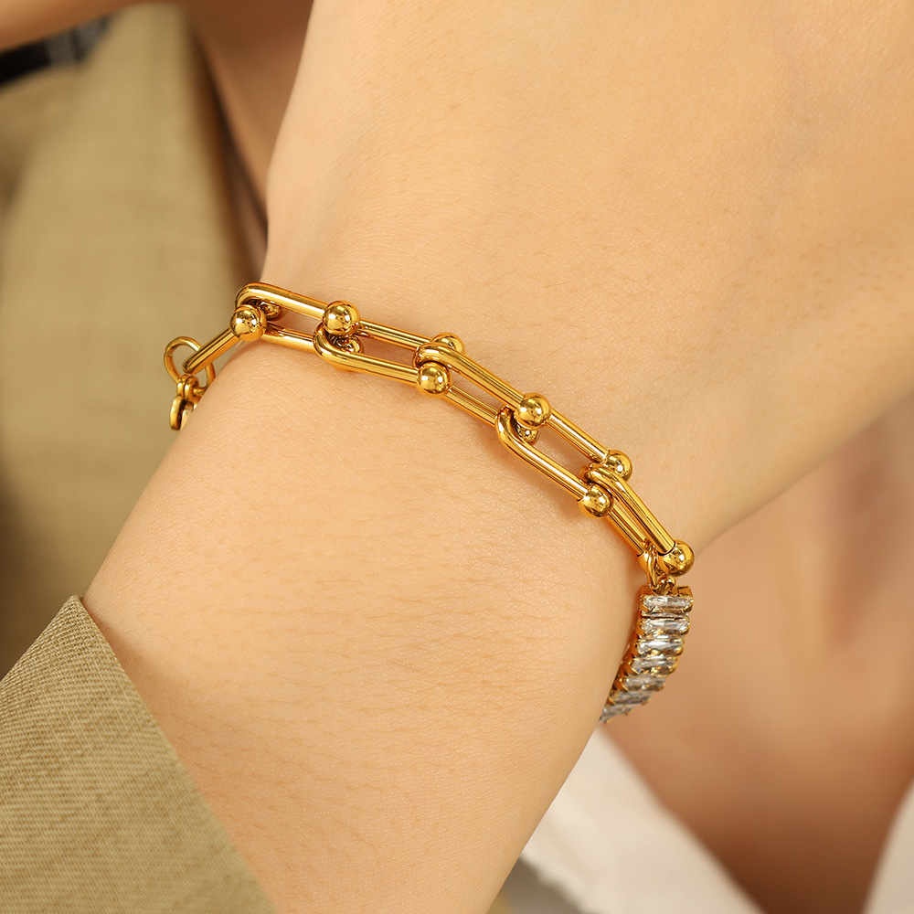 Bracelet À Breloques Géométrique Simple En Acier Inoxydable Plaqué Or Avec Strass Pour Femme, Série Luxueuse, 1 Pièce h5Image5