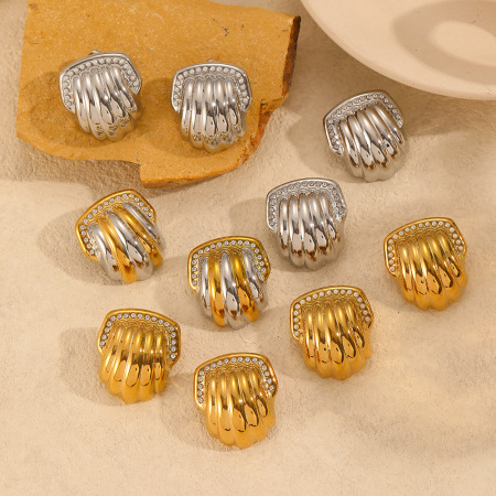 1 paire de boucles d'oreilles à tige géométriques en acier inoxydable plaqué or  pour femme, série simple 2